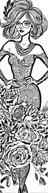Free colorable bookmarks of a woman with a dress and a bunch of flowers